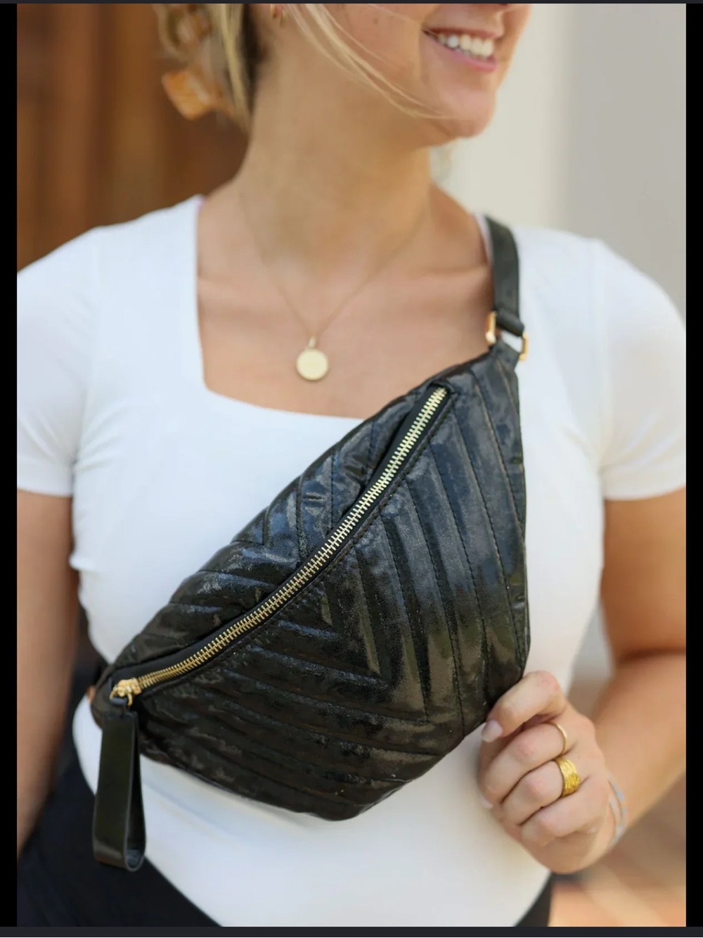 Quilted Black Crossbody Belt Bag with Gold Zip